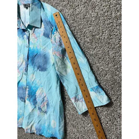 Shana Size Medium Fairy Tale Trees Button Up Aqua Blue Long Sleeve Coastal Shirt - Picture 8 of 14